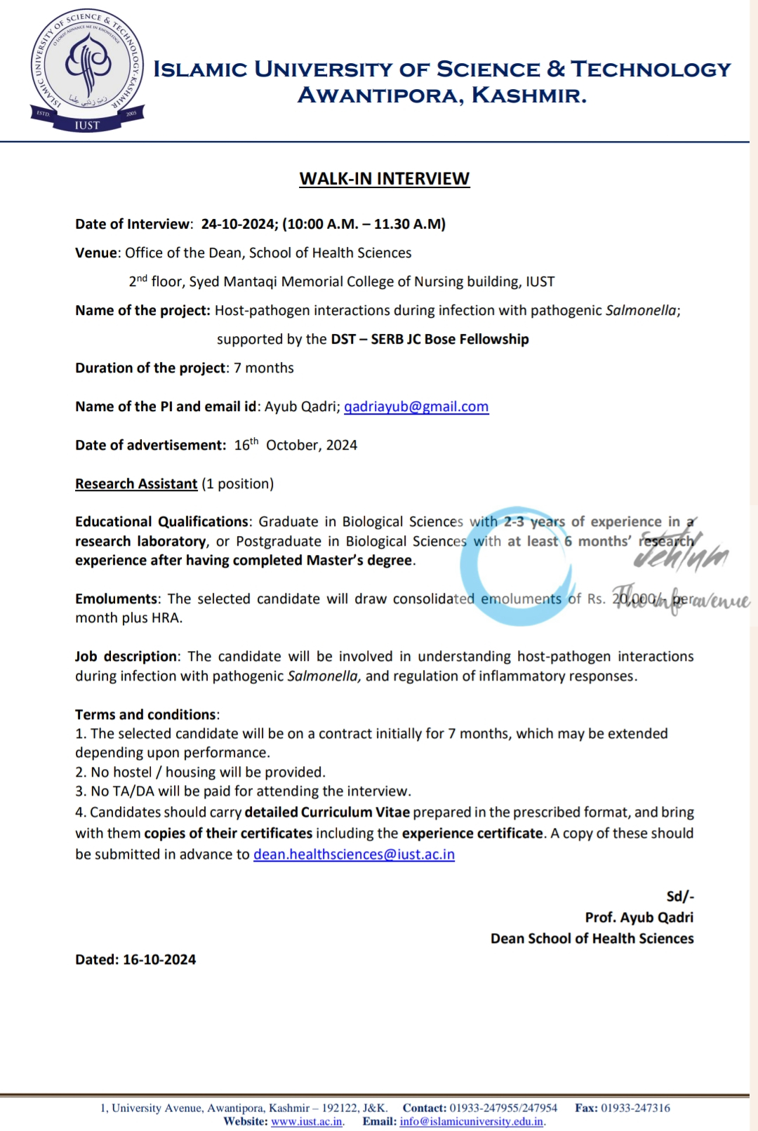 IUST Awantipora Kashmir School of Health Sciences Research Assistant Walk-in-Interview 2024