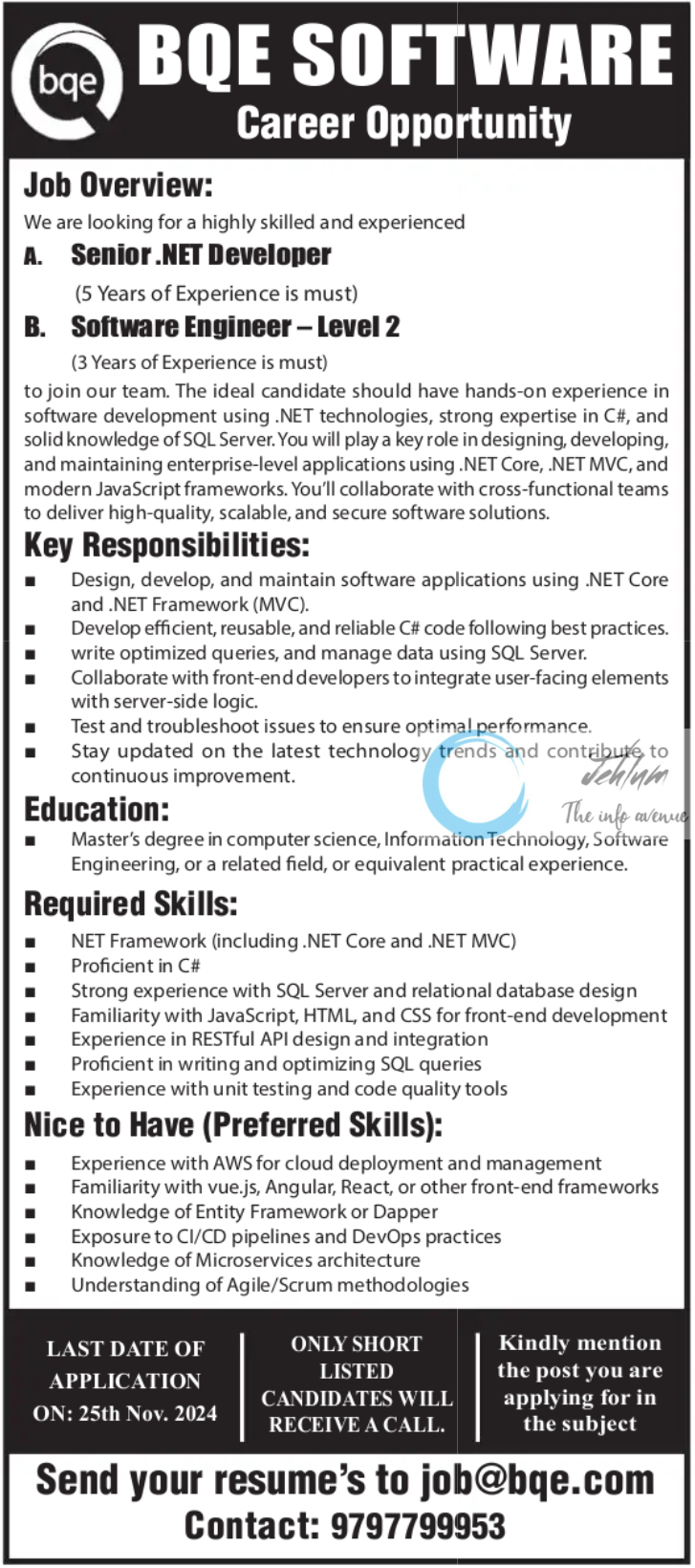 BQE SOFTWARE SRINAGAR DOTNET DEVELOPER JOBS OPENINGS 2024