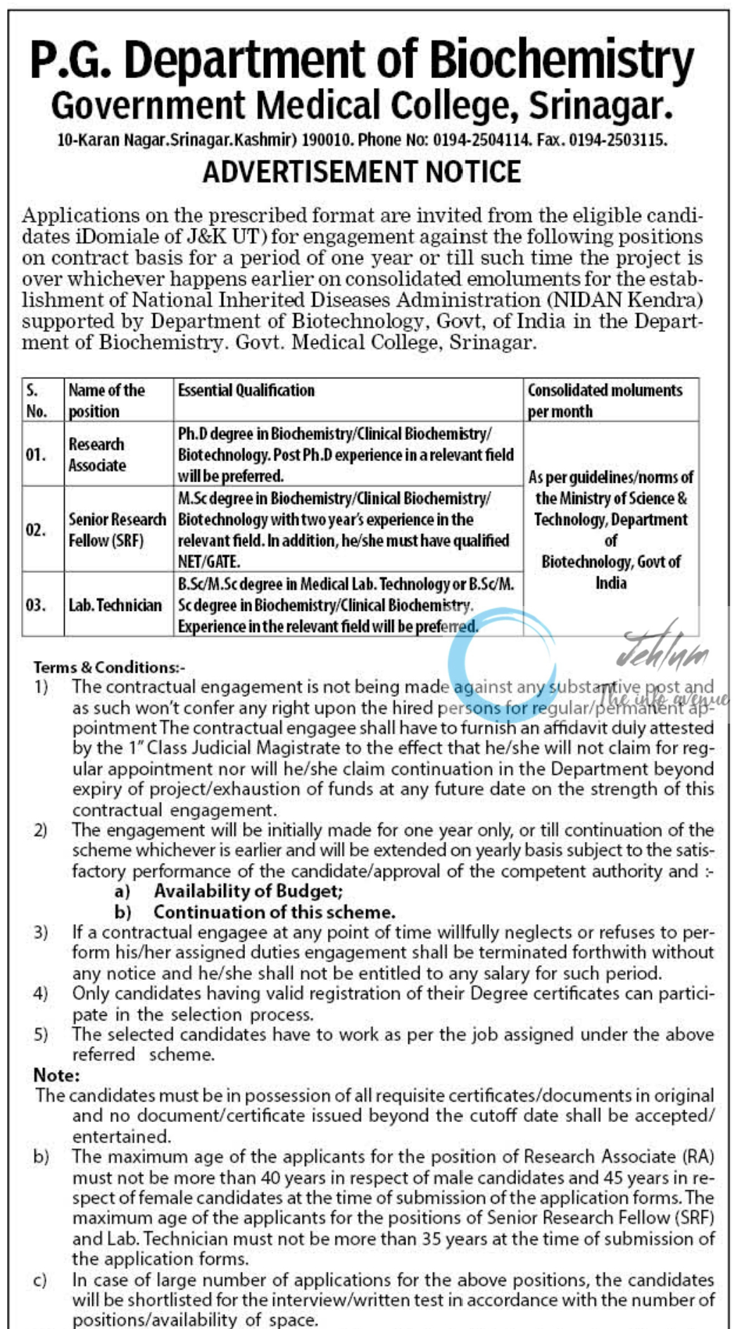 GMC Srinagar PG Deptt of Biochemistry Advertisement Notice 2024