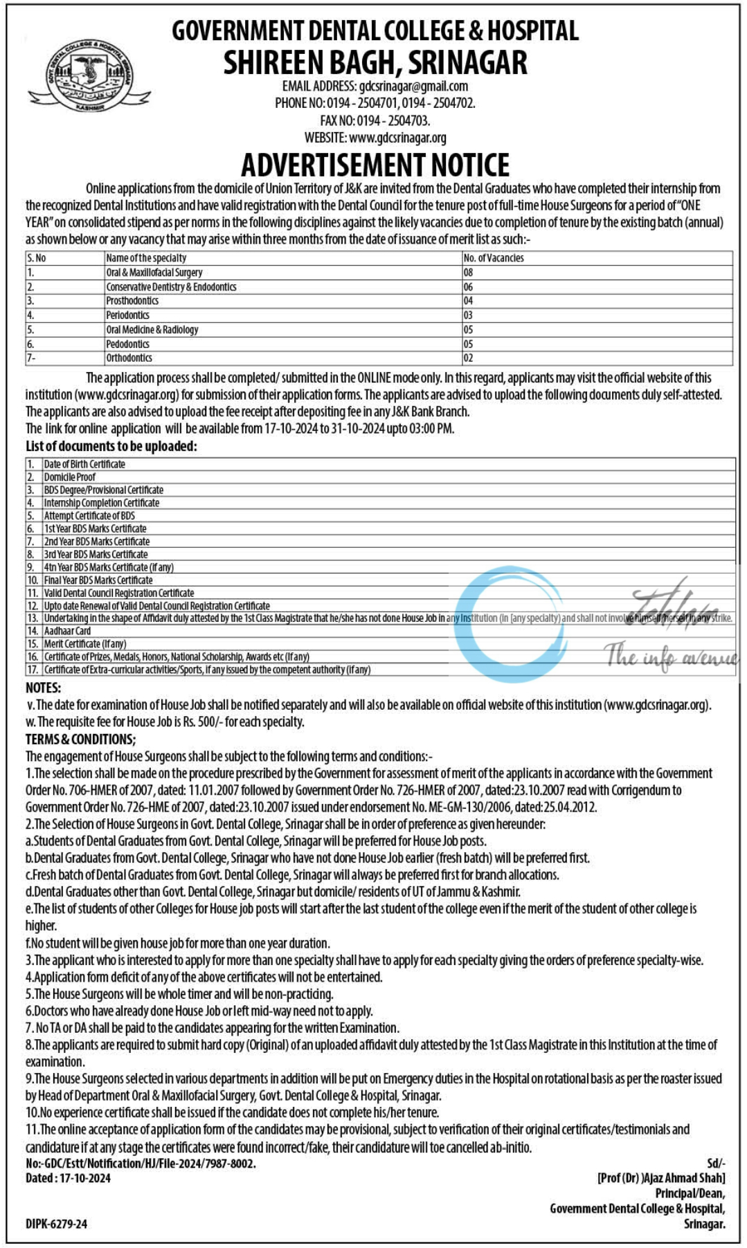 GOVT DENTAL COLLEGE AND HOSPITAL SRINAGAR ADVERTISEMENT NOTICE NO GDC/Estt/Notification/J/File-2024/7987-8002