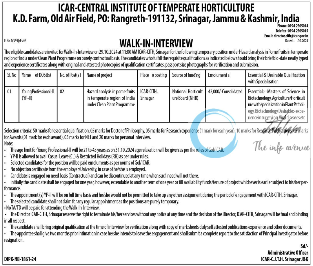 ICAR-CITH Srinagar Young Professional-II Walk-in-Interview Notice 2024