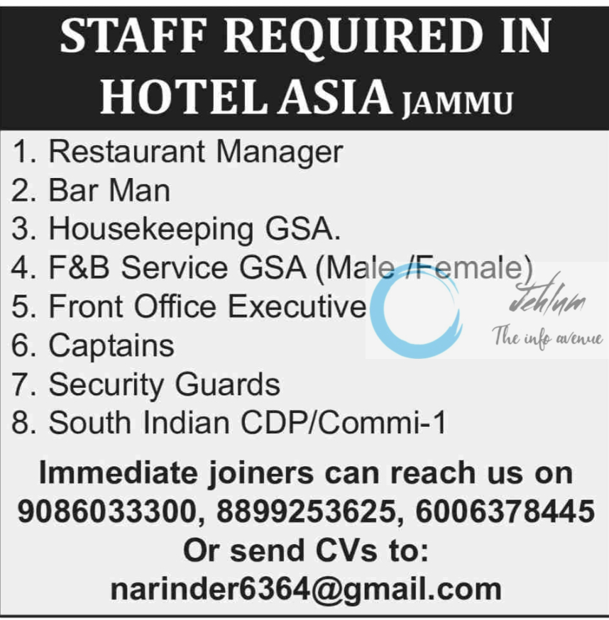 HOTEL ASIA JAMMU JOBS OPENINGS 2024