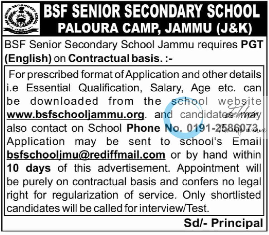 BSF SENIOR SECONDARY SCHOOL PALOURA PGT JOBS 2024