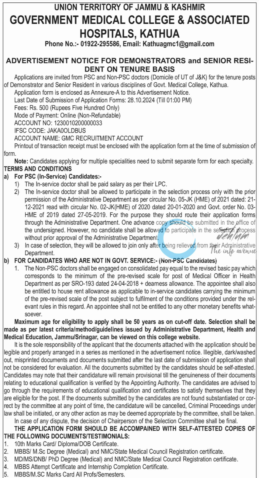 GMC KATHUA DEMONSTRATORS AND SENIOR RESIDENTS ADVERTISEMENT NOTICE 2024