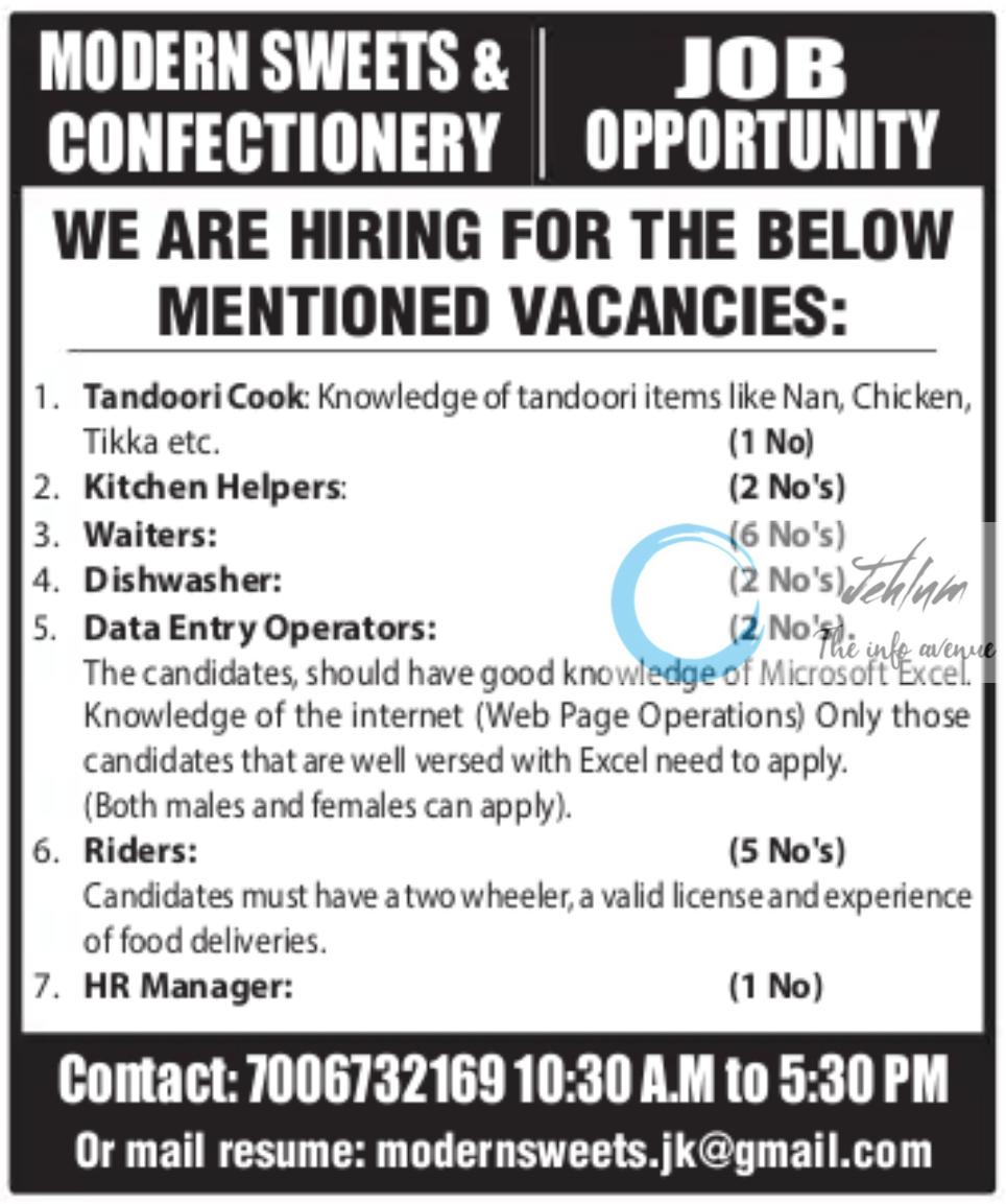 MODERN SWEETS & CONFECTIONERY SRINAGAR JOBS OPPORTUNITY 2024