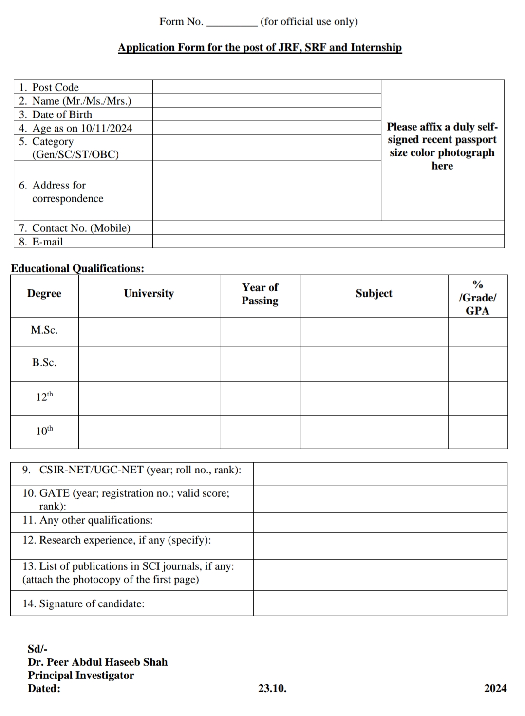 University of Kashmir Srinagar Deptt of Bioresources JRF/SRF/Internship Advertisement Notice 2024