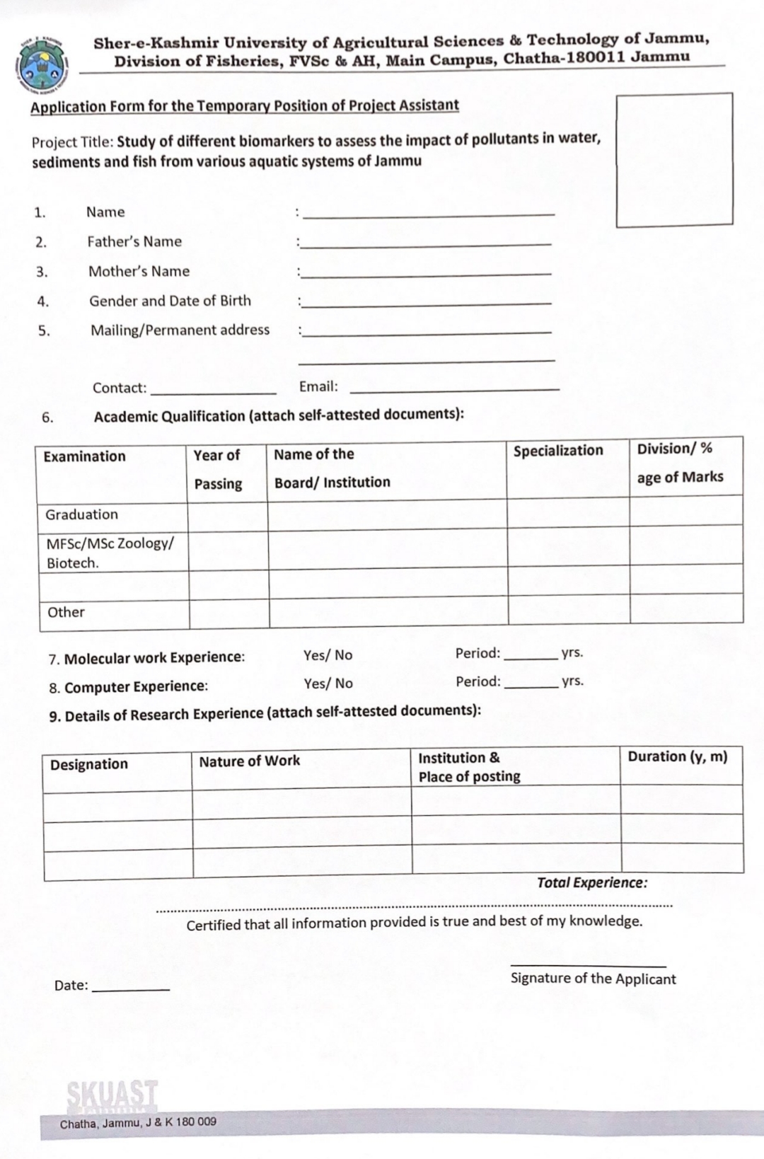 SKUAST Jammu Division of Fisheries Project Assistant Advertisement Notice No AUJ/DST-JKST&IC/FBM/24-25/62-65