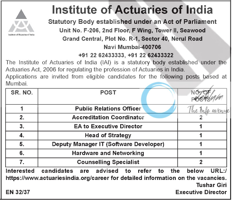 Institute of Actuaries of India Employment Advertisement Notice 2024