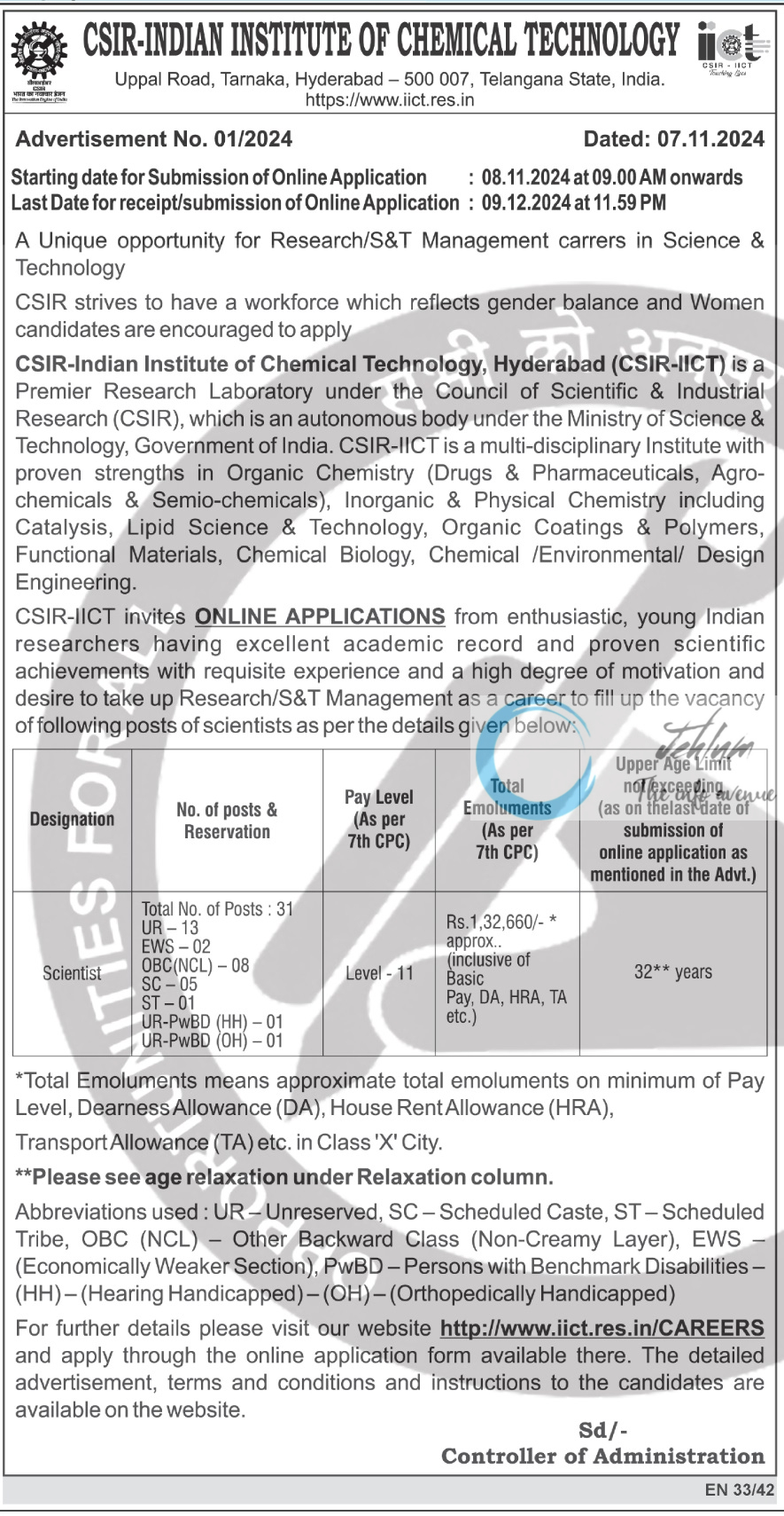 CSIR-INDIAN INSTITUTE OF CHEMICAL TECHNOLOGY SCIENTISTS RECRUITMENT ADVERTISEMENT NO 01/2024