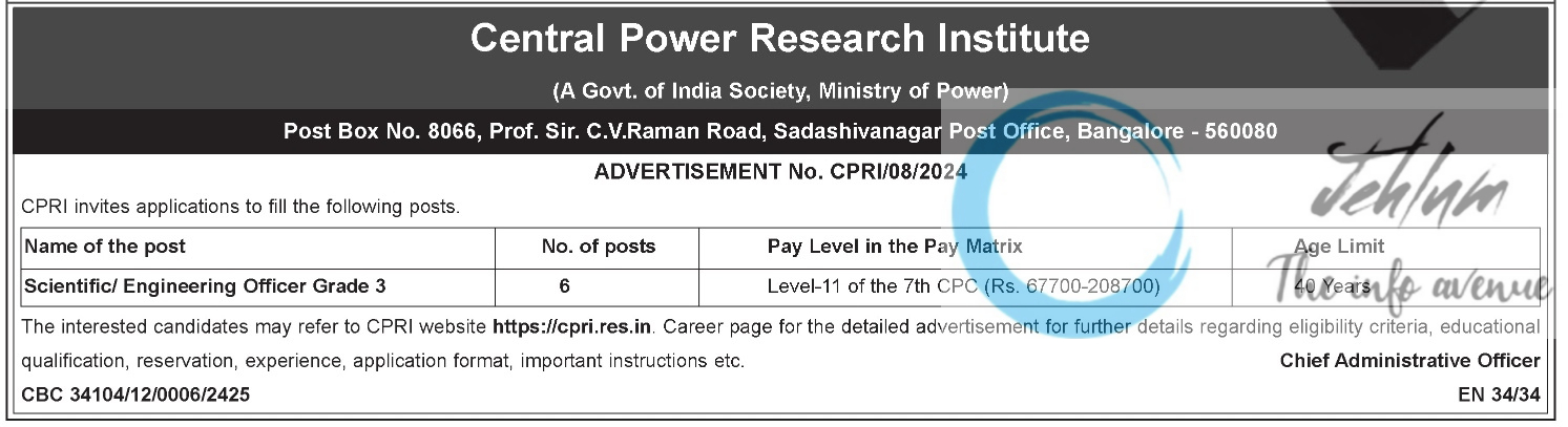 Central Power Research Institute Recruitment Advertisement No CPRI/08/2024