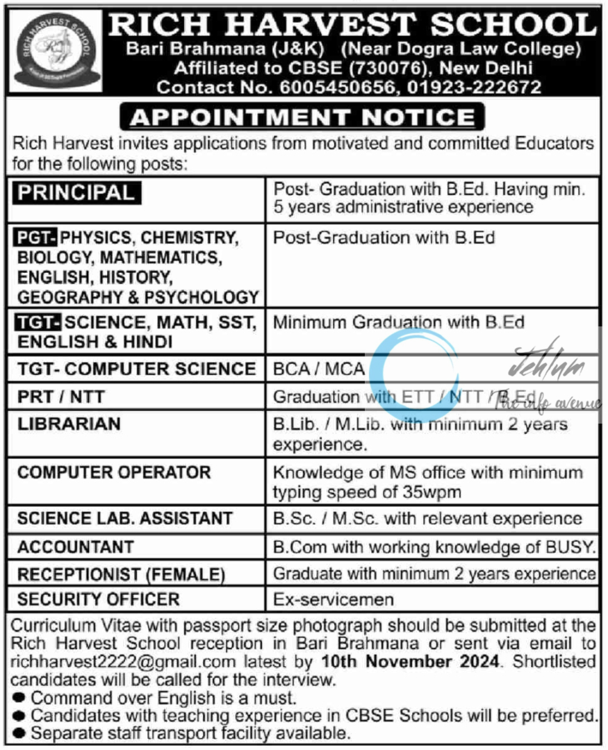 RICH HARVEST SCHOOL JAMMU JOBS VACANCIES 2024