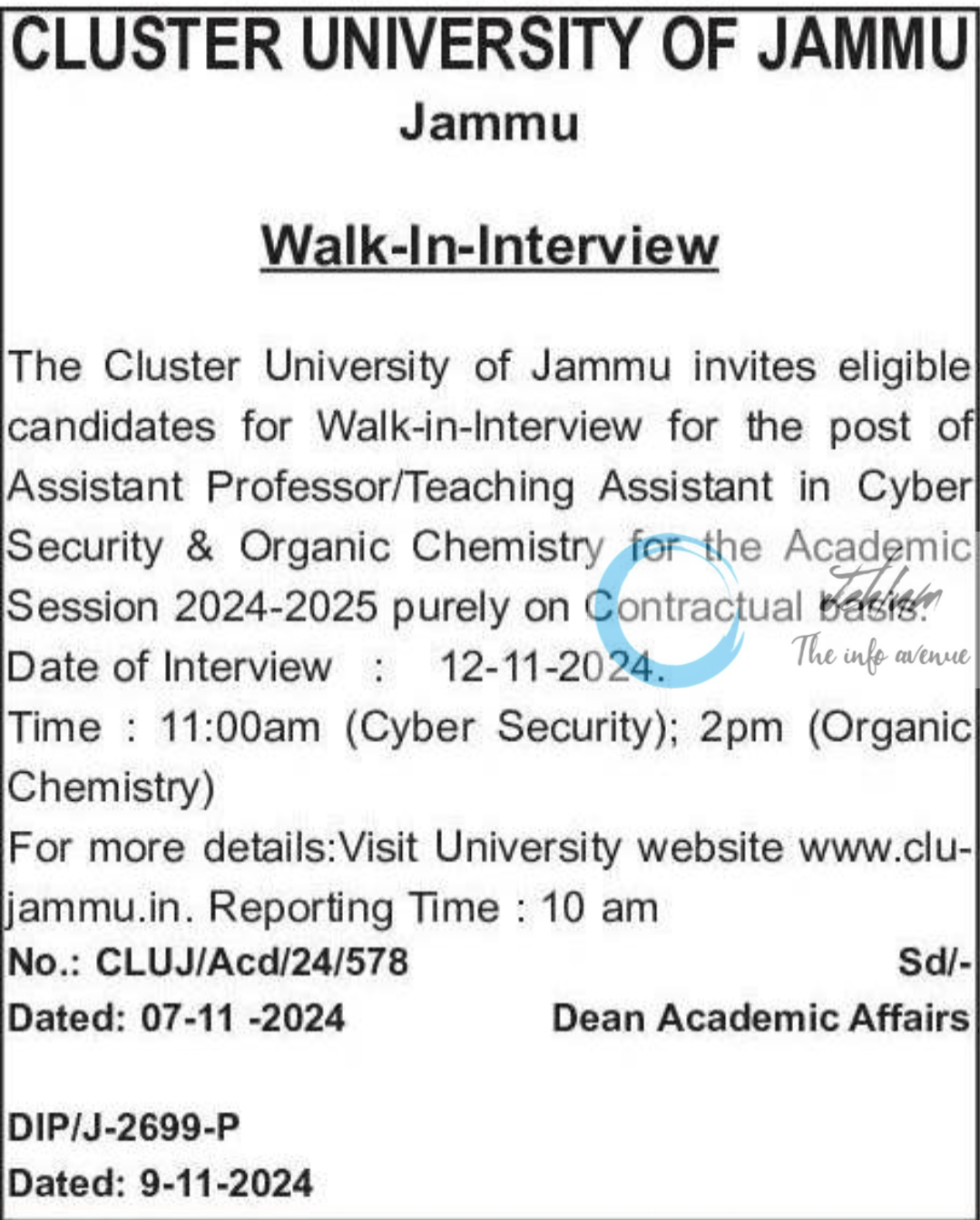 Cluster University of Jammu Assistant Professor/Teaching Assistant Walk-in-Interview Notice 2024