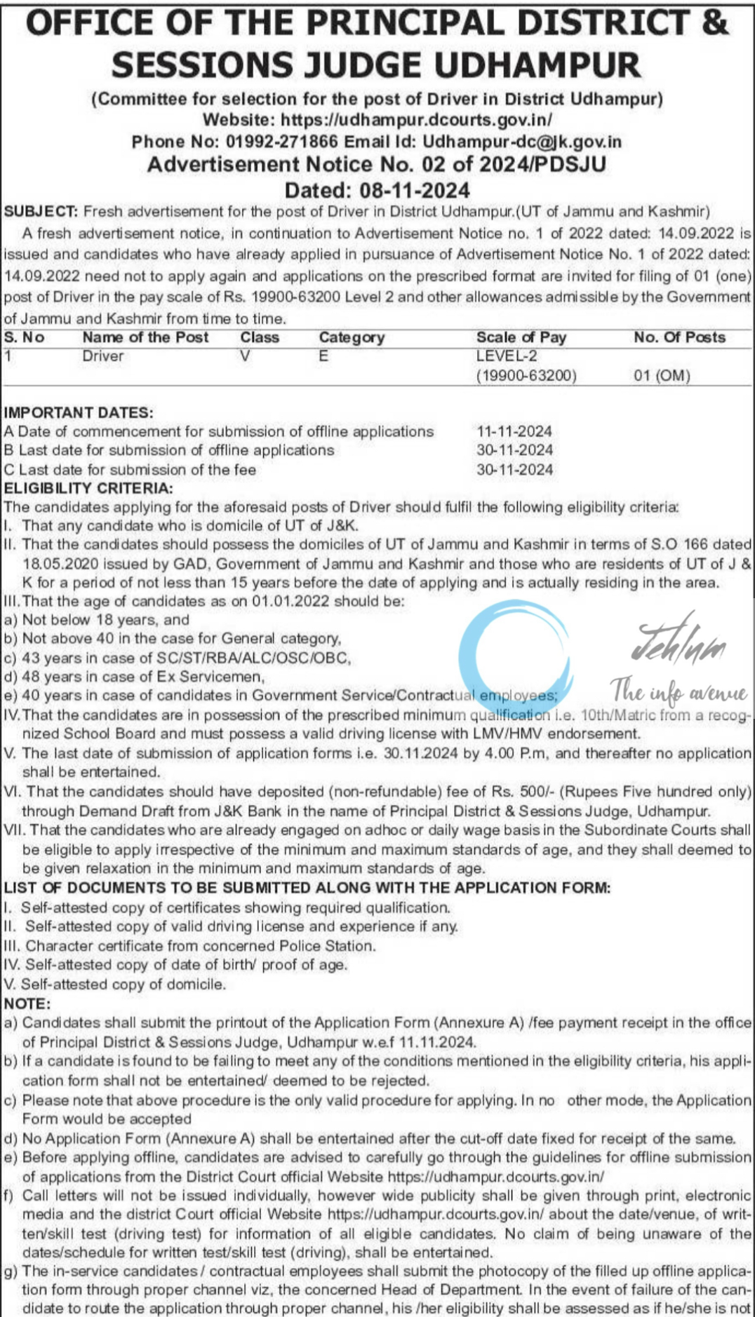 PRINCIPAL DISTRICT AND SESSIONS JUDGE UDHAMPUR DRIVERS RECRUITMENT ADVERTISEMENT NO 02 OF 2024/PDSJU