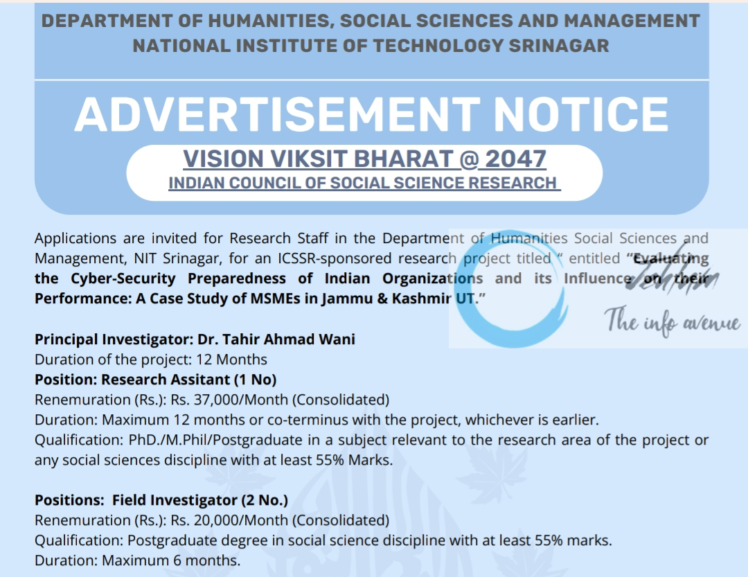 NIT SRINAGAR DEPTT OF HUMANITIES SOCIAL SCIENCES AND MANAGEMENT ADVERTISEMENT NOTICE 2024