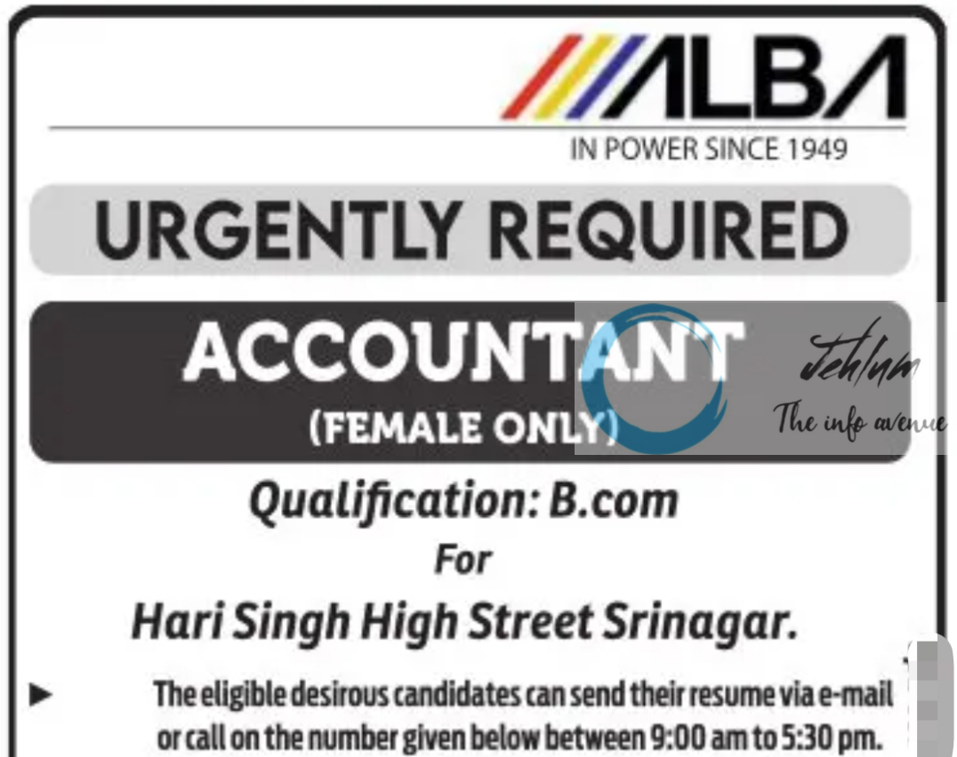 ALBA SRINAGAR ACCOUNTANT JOB VACANCY 2024