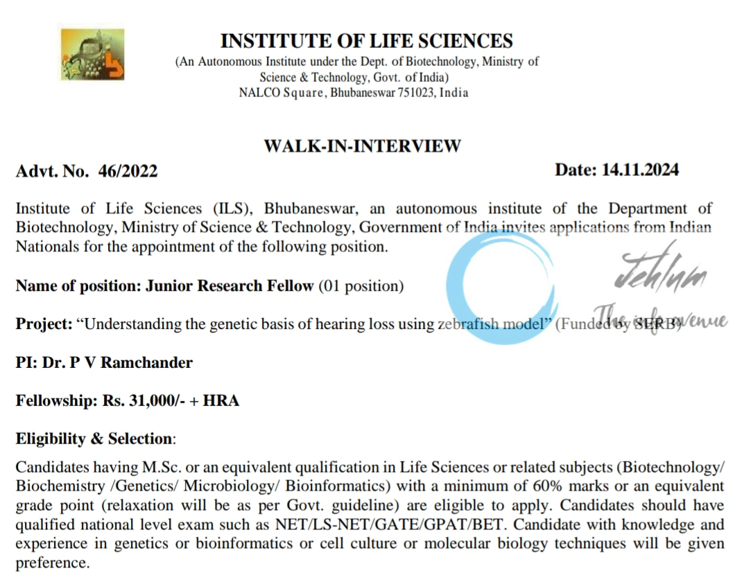 INSTITUTE OF LIFE SCIENCES ILS JRF WALK-IN-INTERVIEW ADVT NO 46/2024