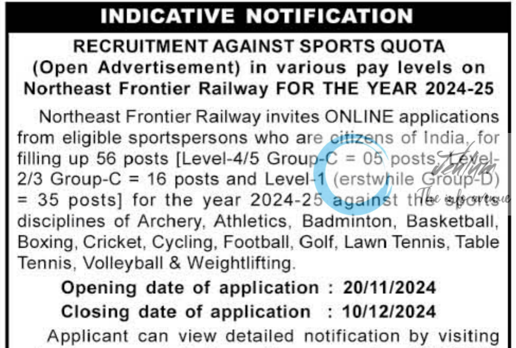 Northeast Frontier Railway Sports Quota Recruitment Advertisement Notice 2024