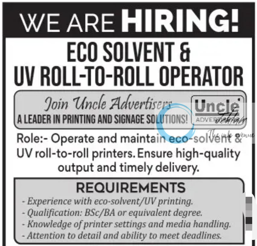 UNCLE ADVERTISERS SRINAGAR ECO SOLVENT/UV ROLL-TO-ROLL OPERATOR JOB VACANCY 2024