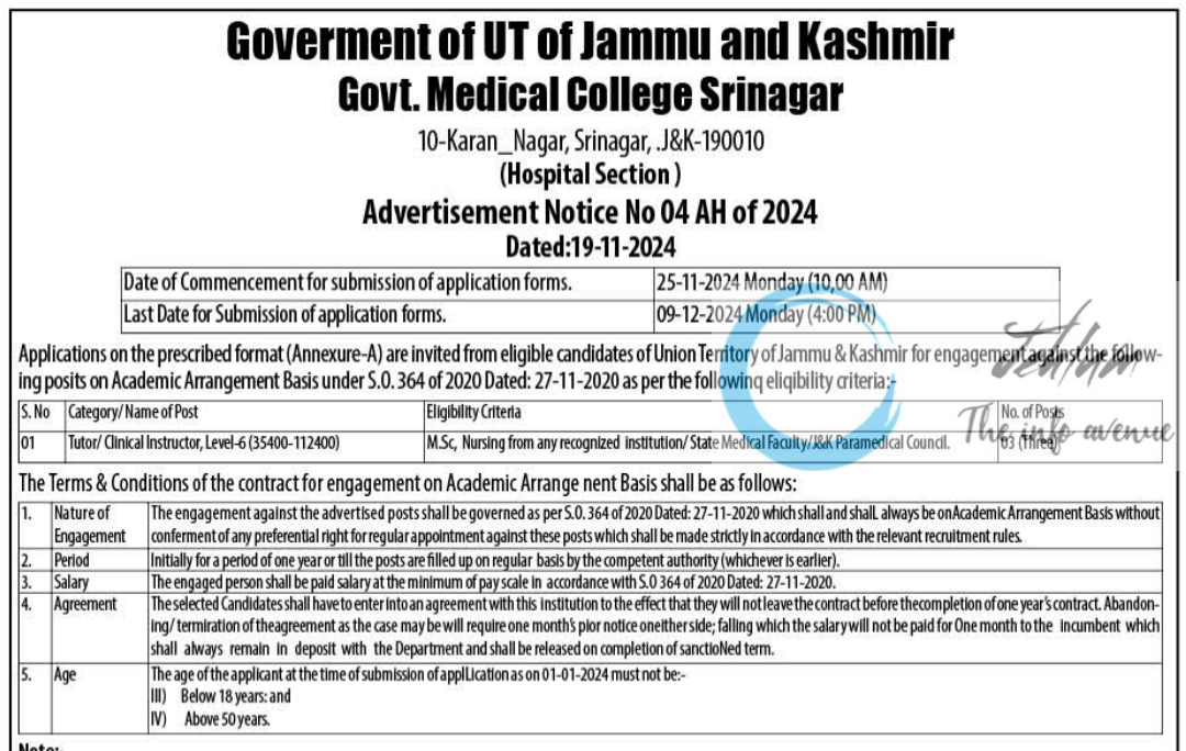 GMC Srinagar Tutor/Clinical Instructor Advertisement Notice No 04 AH of 2024