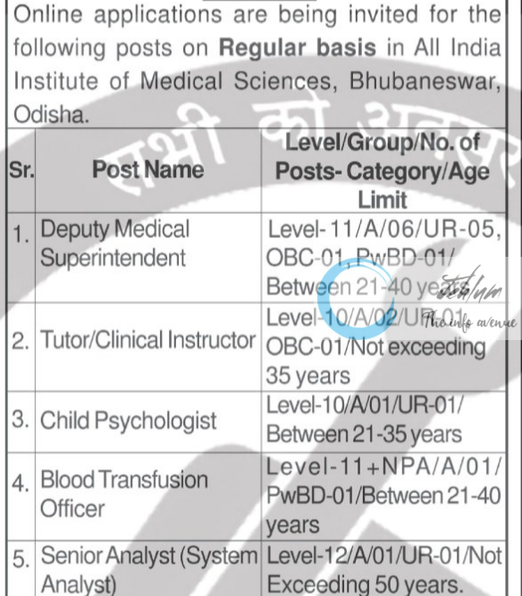 AIIMS BHUBANESWAR VACANCY NOTICE NO REGULAR/ 01/2024