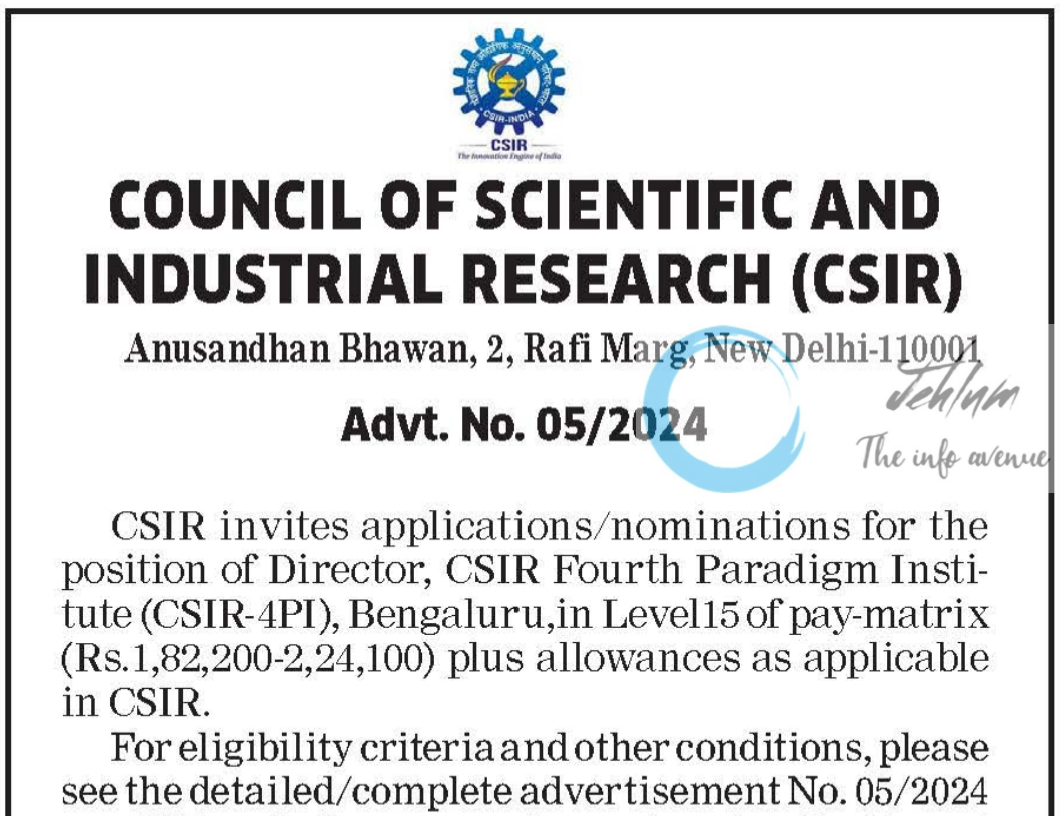 COUNCIL OF SCIENTIFIC AND INDUSTRIAL RESEARCH CSIR Director Recruitment Advt No 05/2024