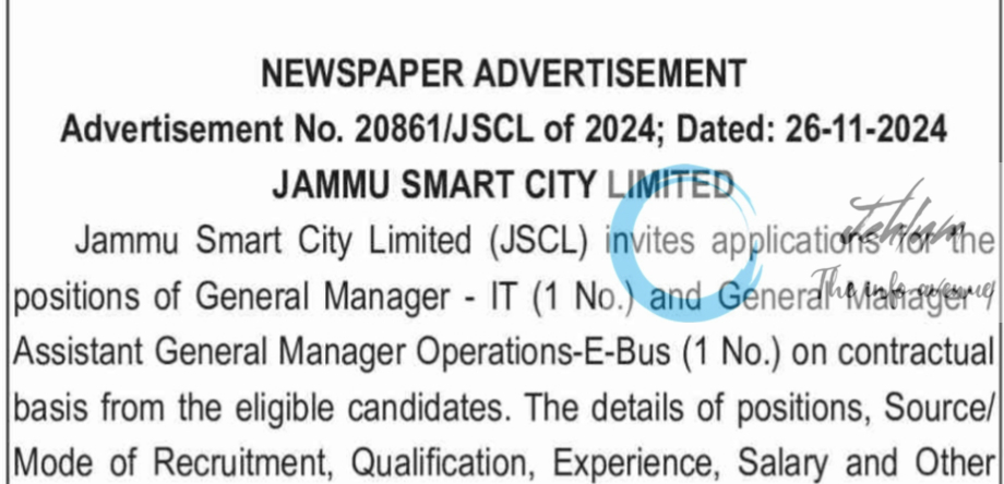 JAMMU SMART CITY LIMITED ADVERTISEMENT NO 20861/JSCL OF 2024