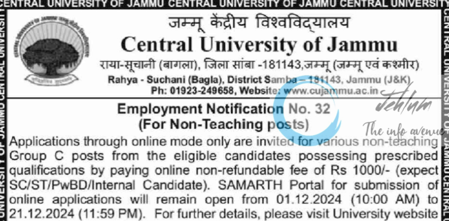 Central University of Jammu Employment Notification No 32 of 2024