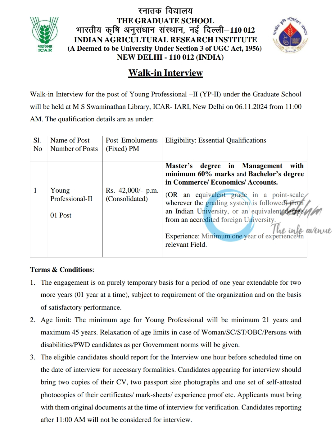 INDIAN AGRICULTURAL RESEARCH INSTITUTE IARI YOUNG PROFESSIONAL -II WALK-IN INTERVIEW NOTICE 2024