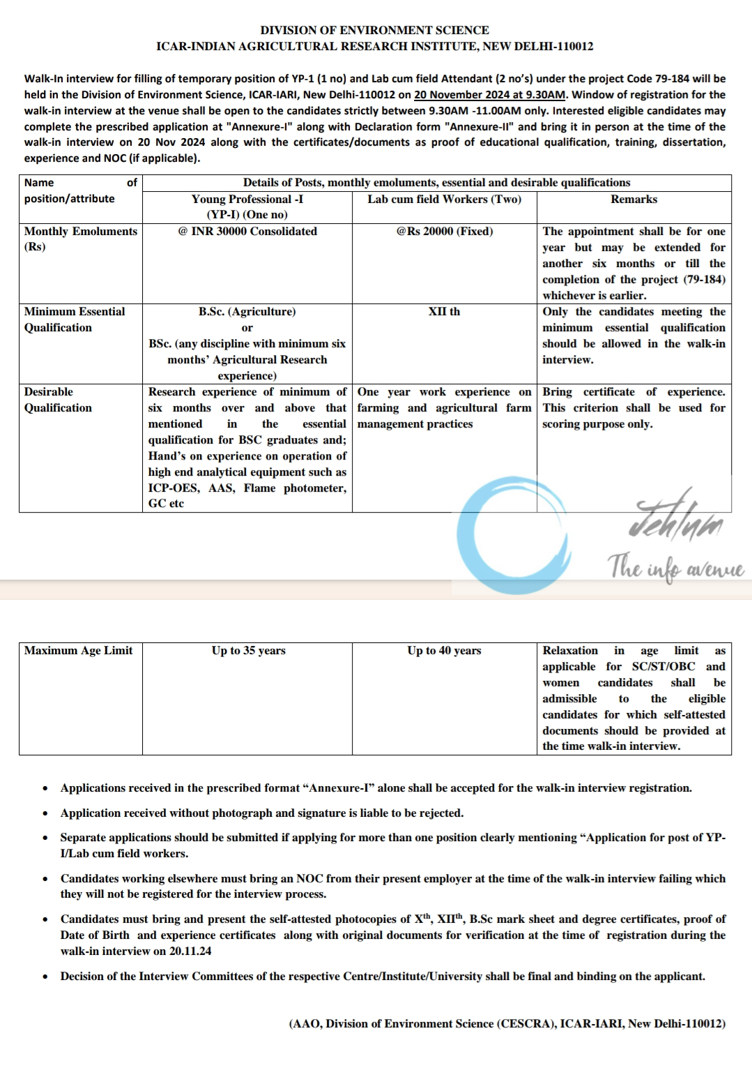 ICAR-IARI INDIAN AGRICULTURAL RESEARCH INSTITUTE DIVISION OF ENVIRONMENT SCIENCE YOUNG PROFESSIONAL -I WALK-IN-INTERVIEW NOTIFICATION 2024