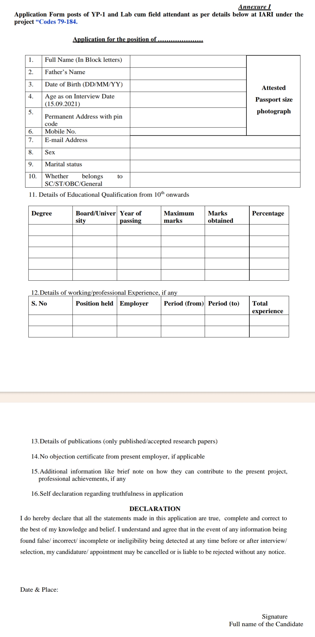 ICAR-IARI INDIAN AGRICULTURAL RESEARCH INSTITUTE DIVISION OF ENVIRONMENT SCIENCE YOUNG PROFESSIONAL -I WALK-IN-INTERVIEW NOTIFICATION 2024