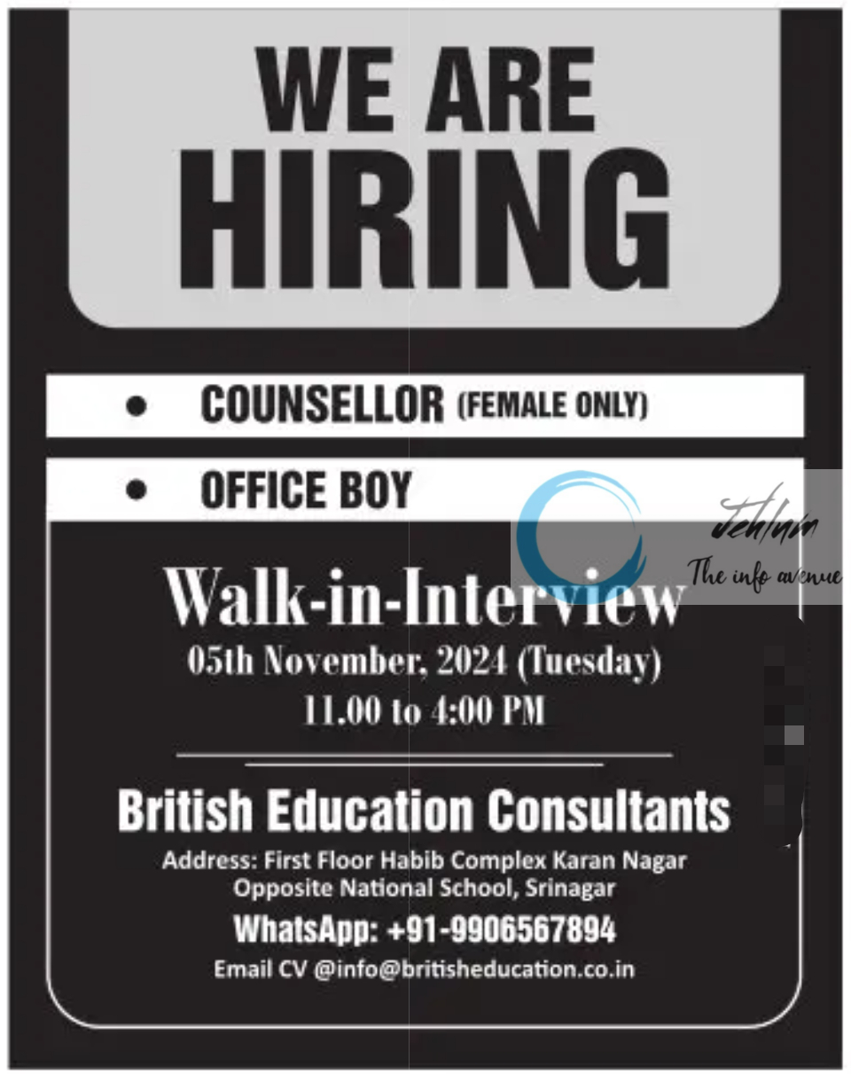 British Education Consultants Srinagar Jobs Vacancy 2024