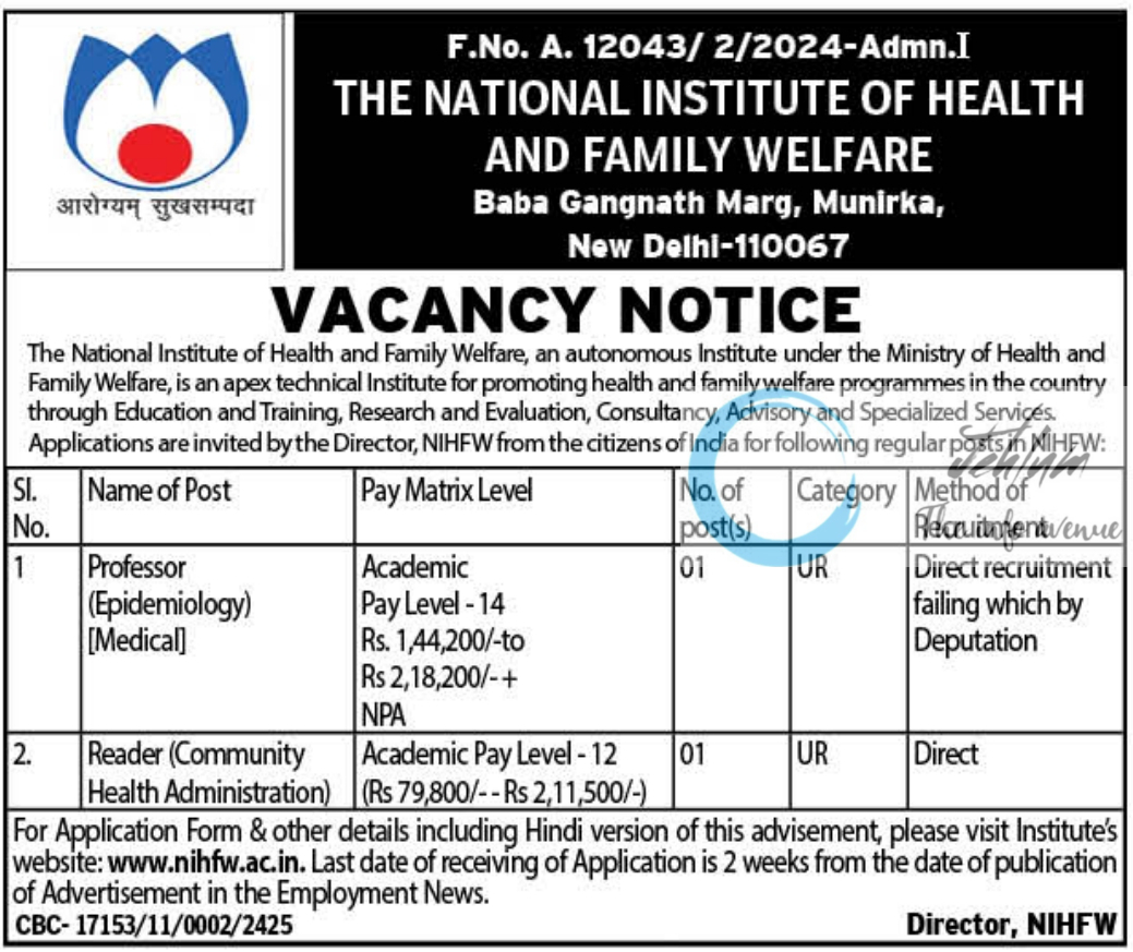 THE NATIONAL INSTITUTE OF HEALTH AND FAMILY WELFARE NIHFW VACANCY NOTICE 2024