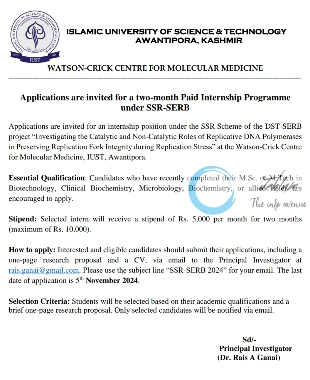 IUST KASHMIR WATSON-CRICK CENTRE FOR MOLECULAR MEDICINE INTERNSHIP 2024