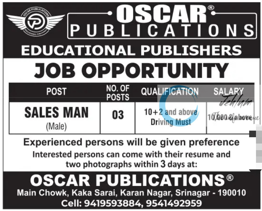 OSCAR PUBLICATIONS SRINAGAR JOBS OPENINGS 2024 Jehlum The Info Avenue