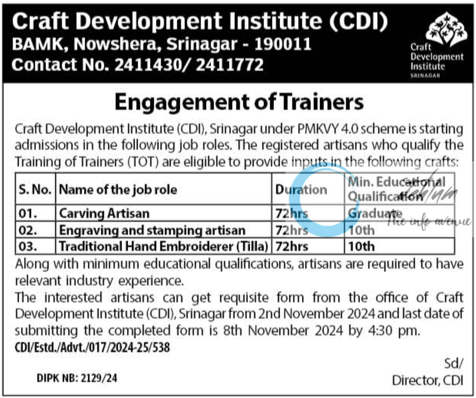 Craft Development Institute CDI Srinagar Engagement of Trainers 2024