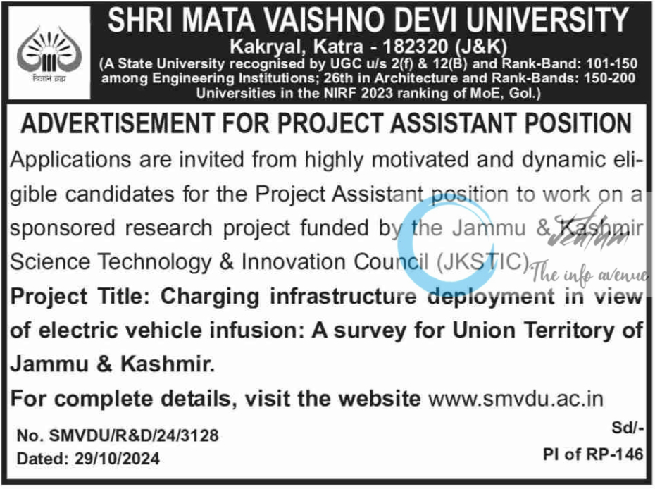 SMVDU PROJECT ASSISTANT ADVERTISEMENT NOTICE NO SMVDU/R&D/24/3128