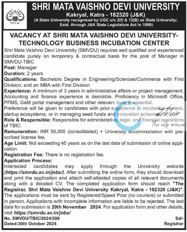 SMVDU KATRA BUSINESS INCUBATION CENTER ADVERTISEMENT NOTICE NO SMVDU/TBIC/2024/208