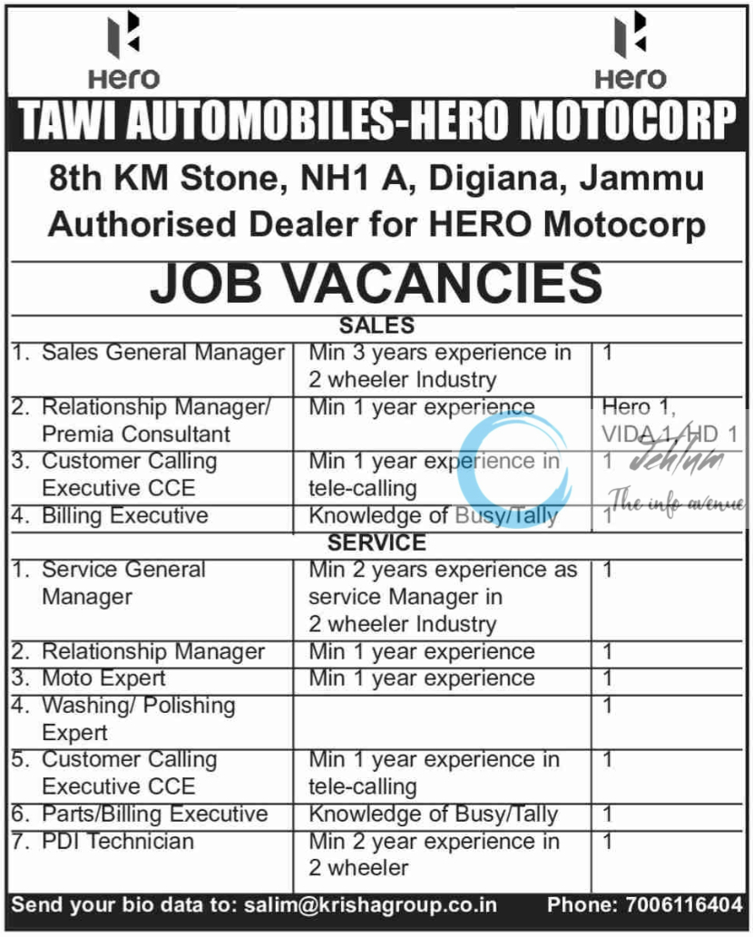 TAWI AUTOMOBILES-HERO MOTOCORP JAMMU JOBS VACANCIES 2024