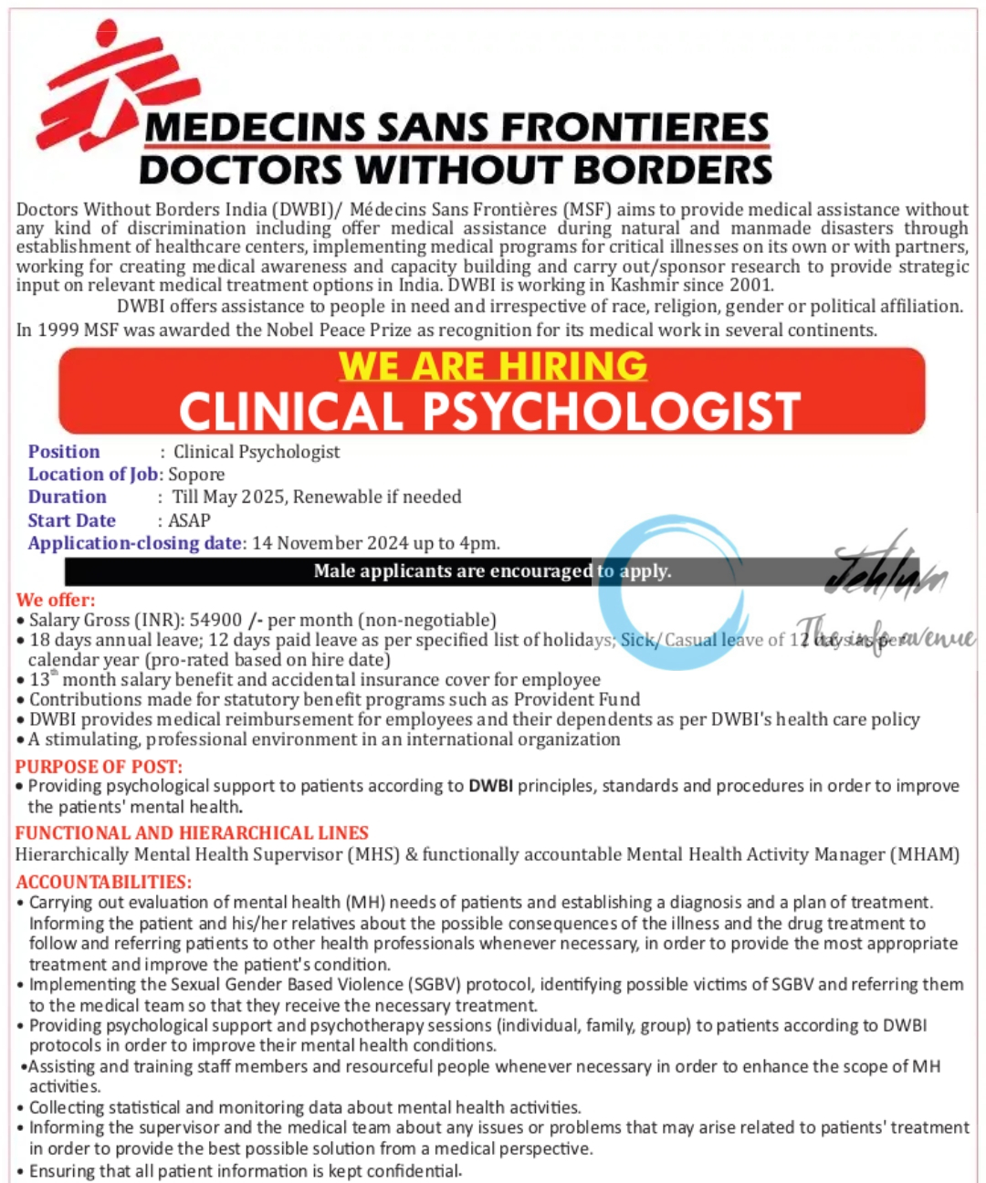 MEDECINS SANS FRONTIERES DOCTORS WITHOUT BORDERS MSF DWBI SOPORE CLINICAL PSYCHOLOGIST JOB VACANCY 2024