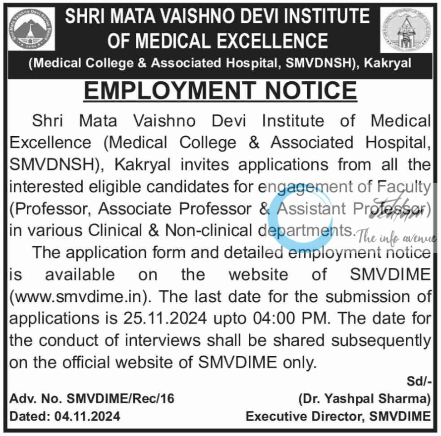 SHRI MATA VAISHNO DEVI INSTITUTE OF MEDICAL EXCELLENCE SVDIME KAKRYAL EMPLOYMENT NOTICE ADV NO SMVDIME/Rec/16