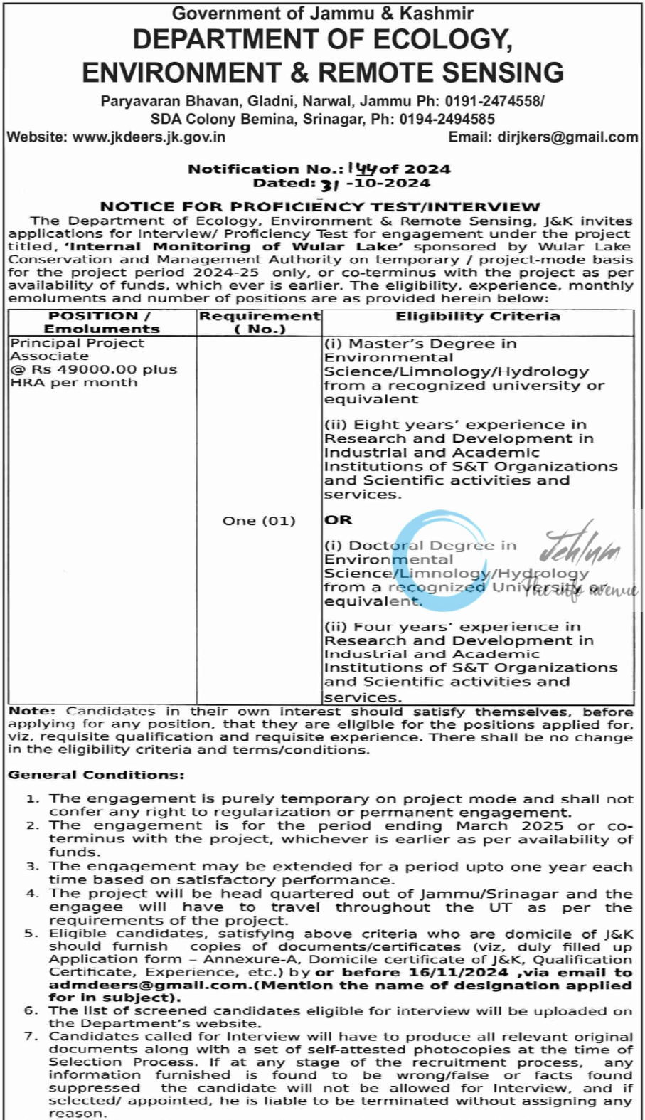 DEPARTMENT OF ECOLOGY ENVIRONMENT AND REMOTE SENSING PRINCIPAL PROJECT ASSOCIATE NOTIFICATION NO 144 of 2024