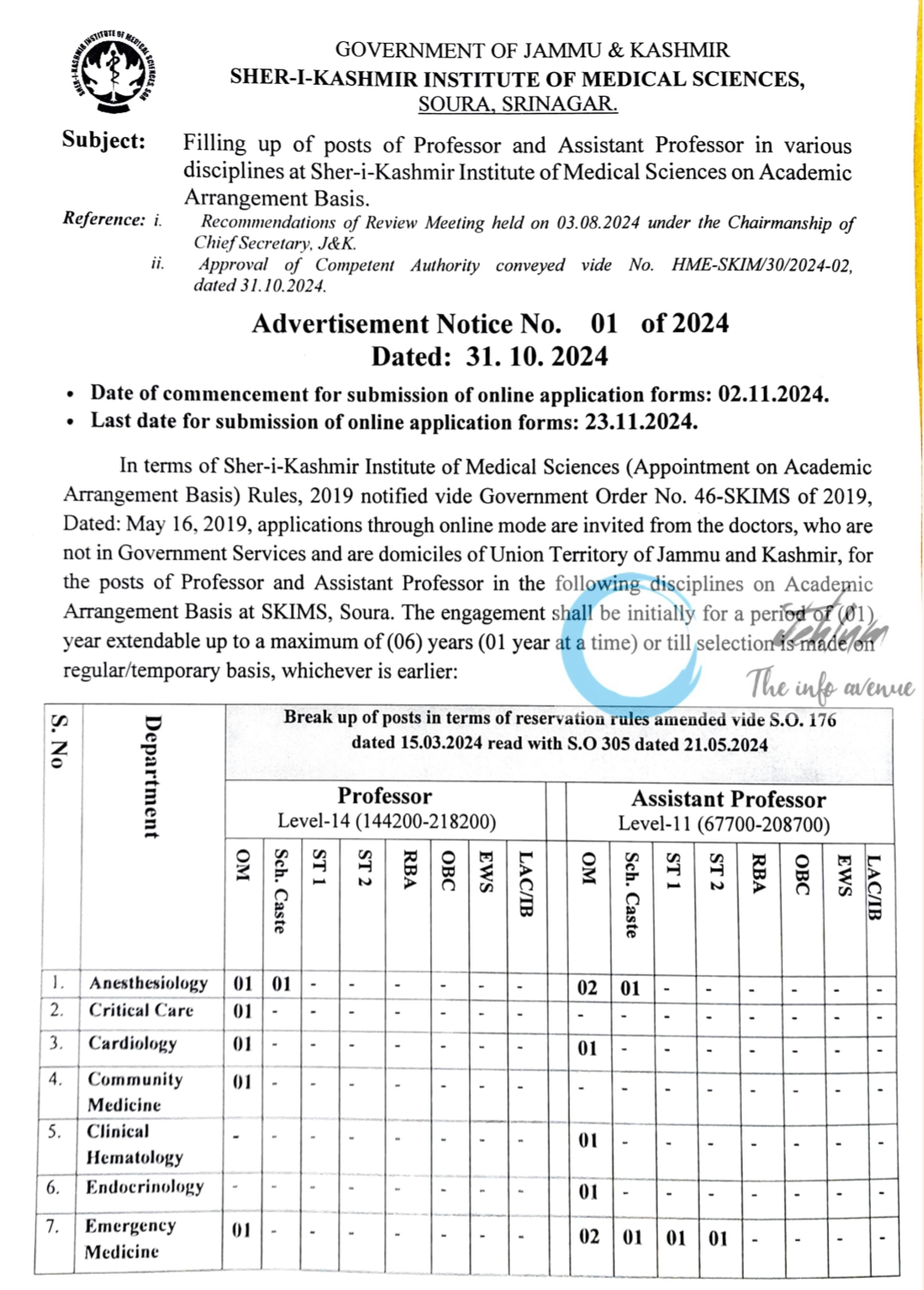 SKIMS SOURA SRINAGAR ACADEMIC ARRANGEMENT ADVERTISEMENT NOTICE NO 01 OF 2024