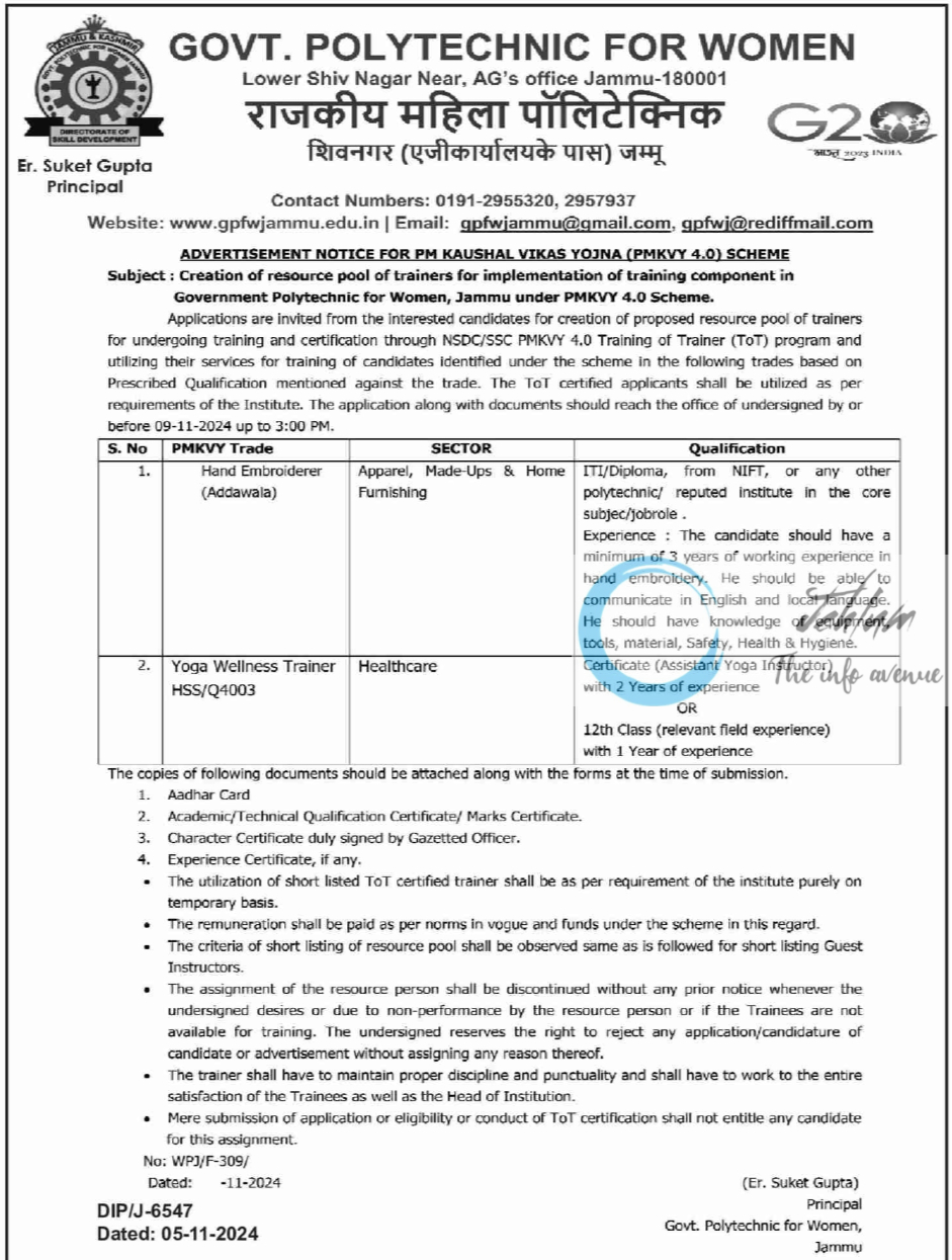 GOVT POLYTECHNIC FOR WOMEN JAMMU PMKVY 4 ADVERTISEMENT NOTICE 2024