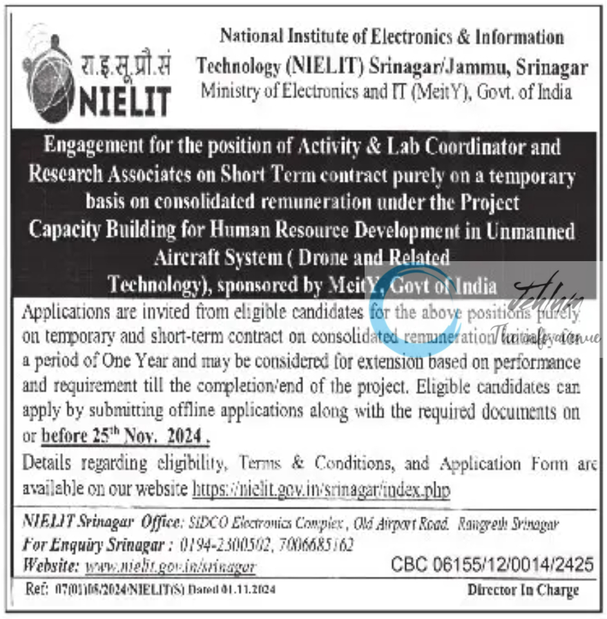 NIELIT Srinagar Activity & Lab Coordinator and Research Associates Jobs Advertisement Ref 0701105/2024