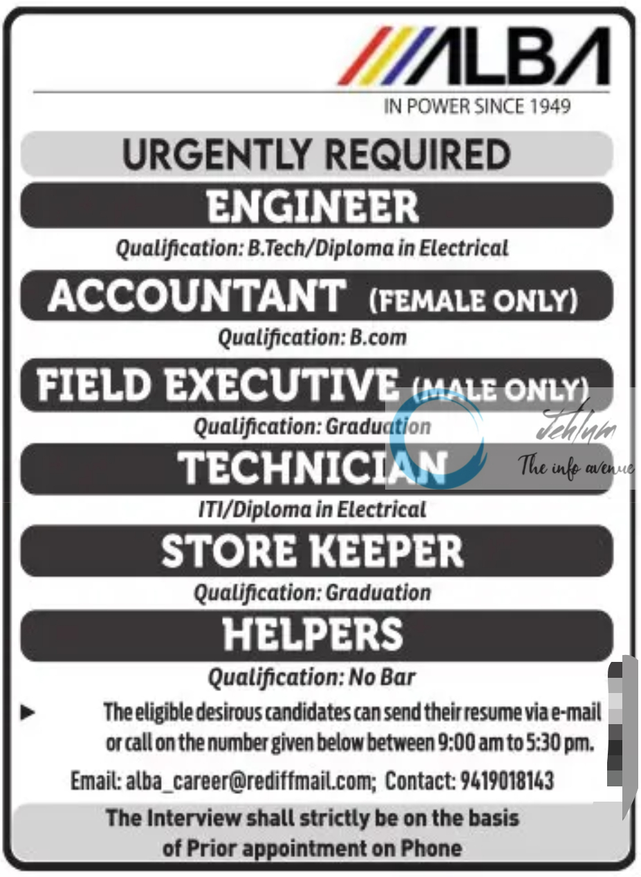 ALBA SRINAGAR JOBS VACANCIES 2024