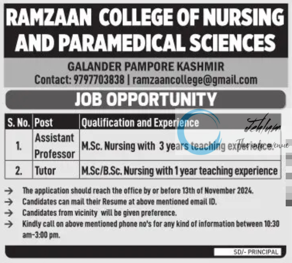 RAMZAAN COLLEGE OF NURSING AND PARAMEDICAL SCIENCES PAMPORE JOB OPPORTUNITY 2024