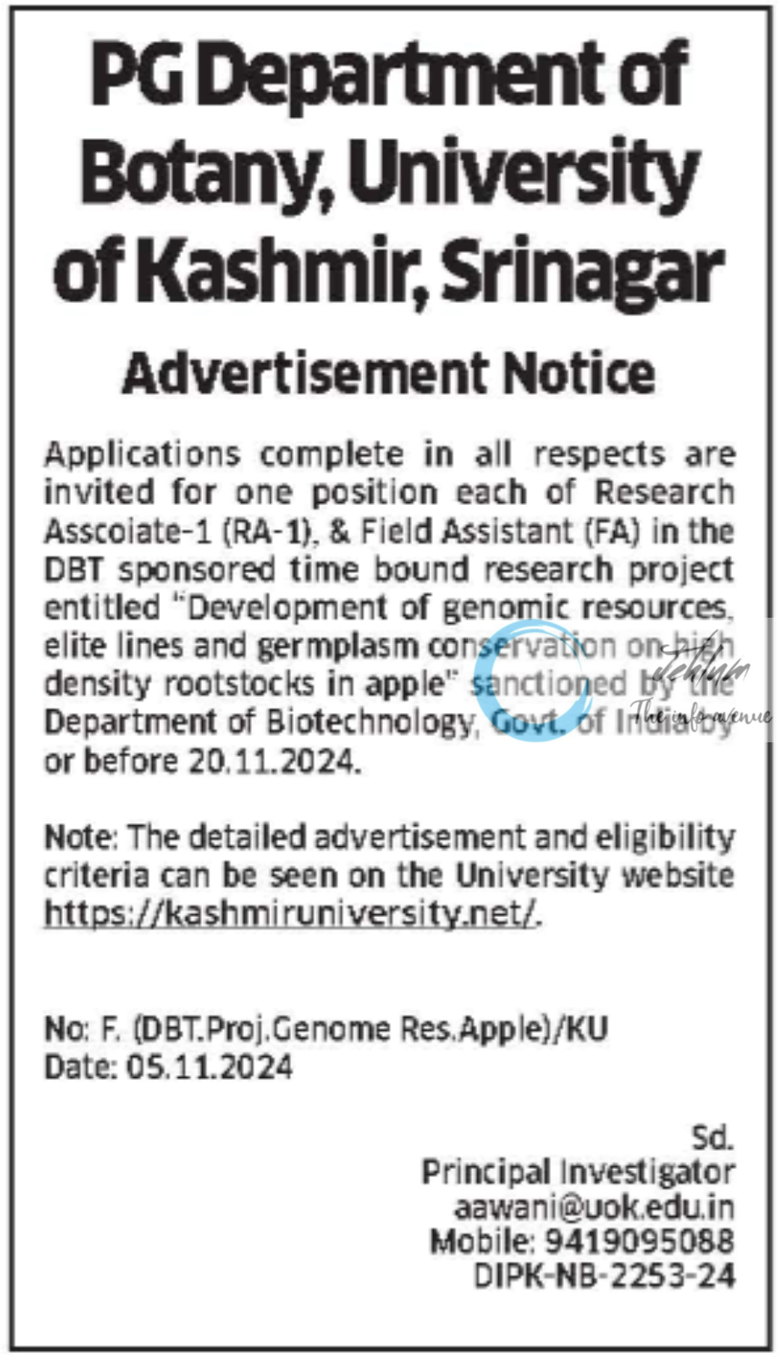 University of Kashmir Deptt of Botany Advertisement Notice 2024