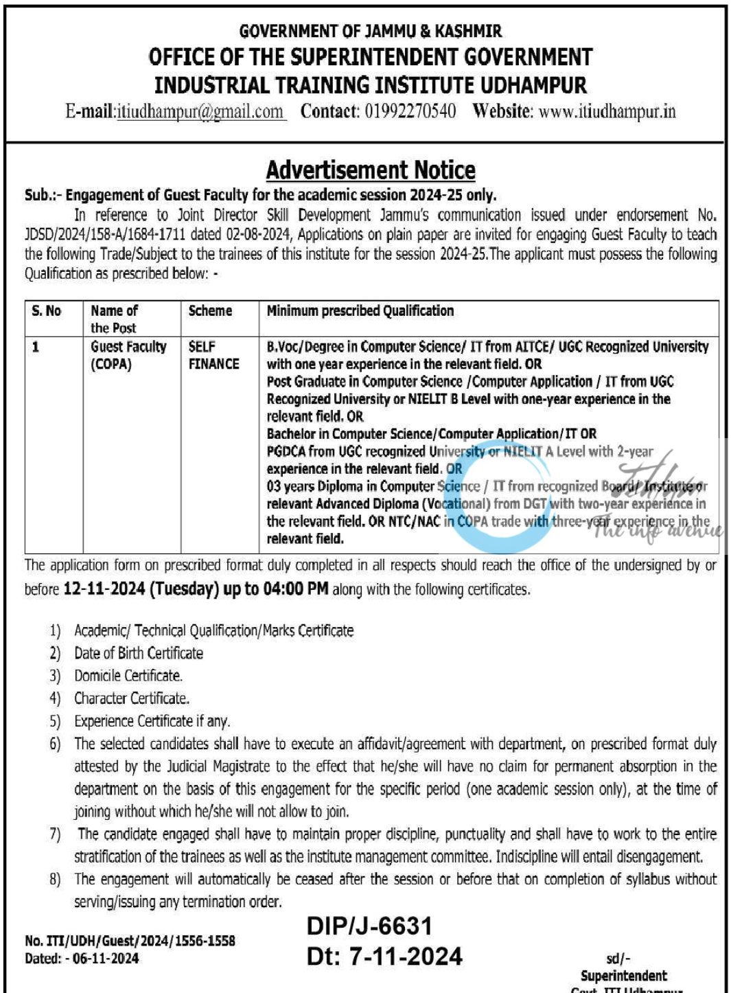 ITI Udhampur Guest Faculty Advertisement Notice 2024