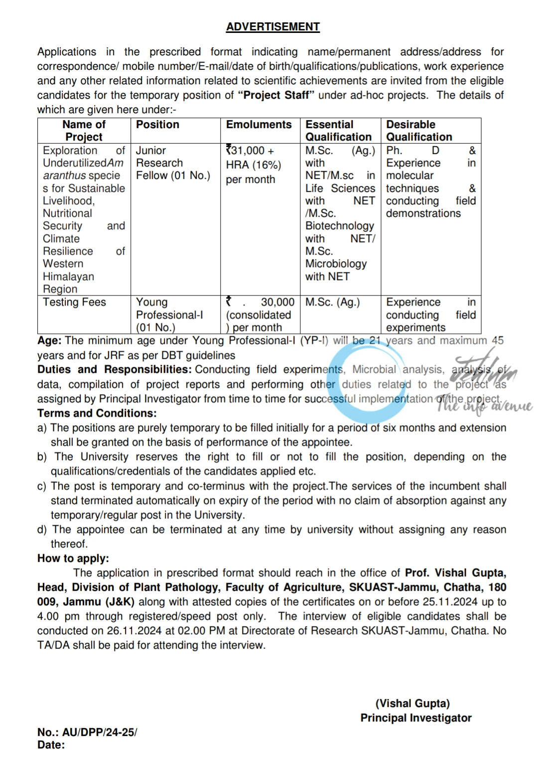 SKUAST-Jammu Directorate of Research JRF Advertisement Notice 2024