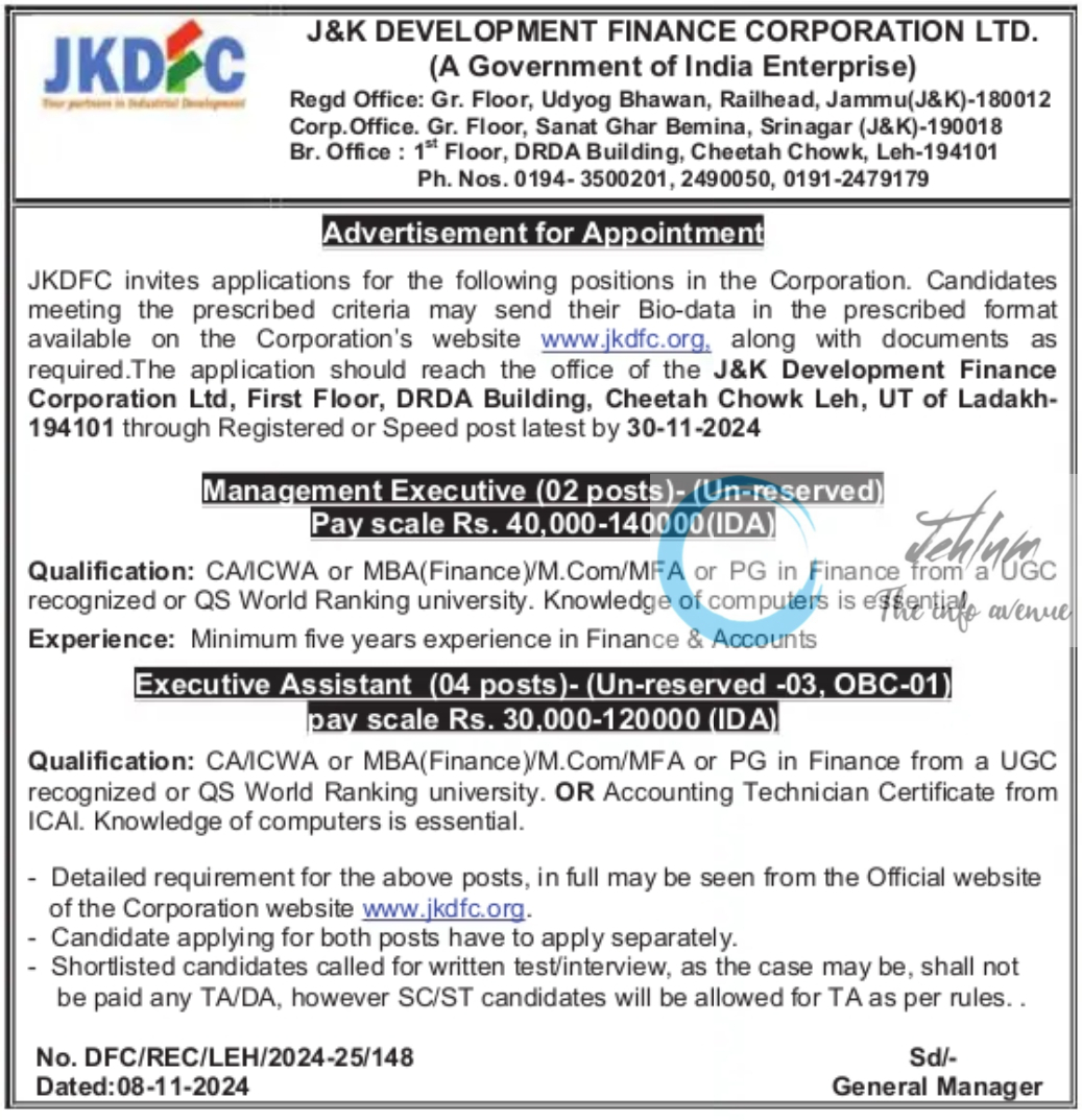 JKDFC JOBS ADVERTISEMENT NOTICE 2024